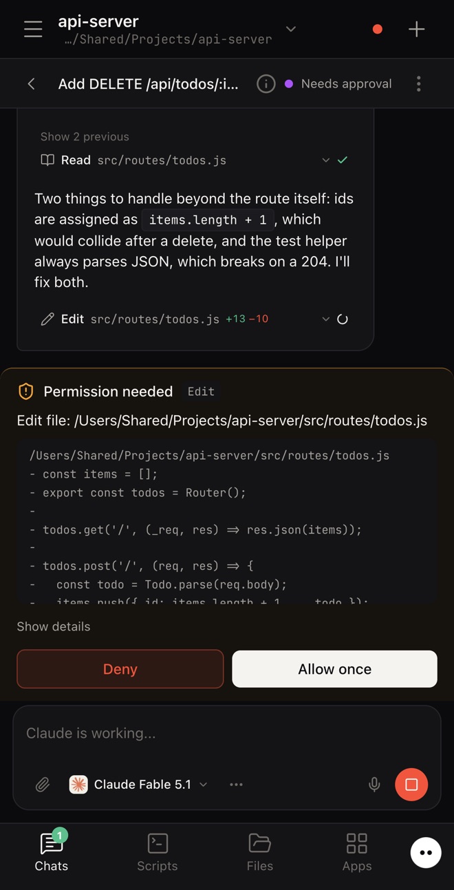 Approve an agent's file edit from your phone, with the diff